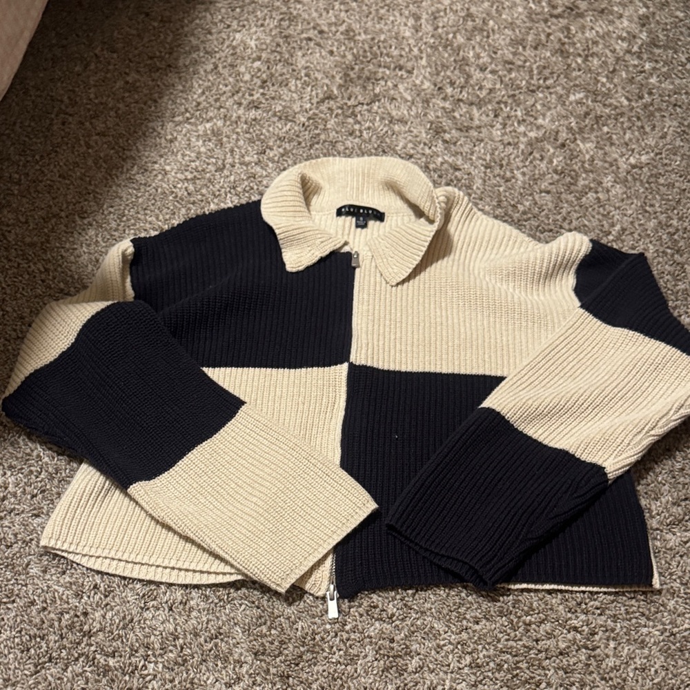 Blue Blush Cream and Black Colorblock Zip-Up Sweater